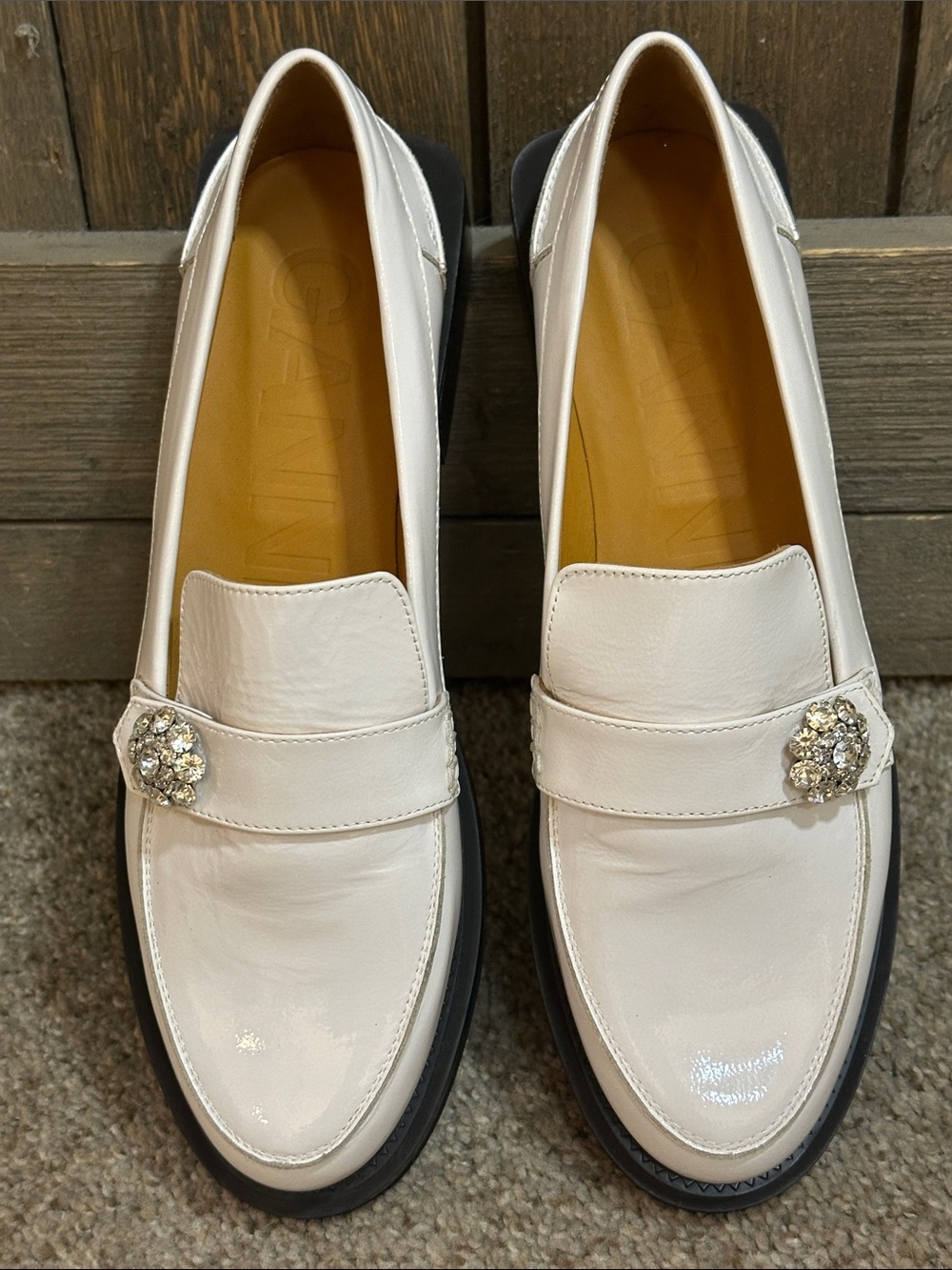 GANNI NEW White Patent Leather Crystal Slip On Loafers Size EU 40